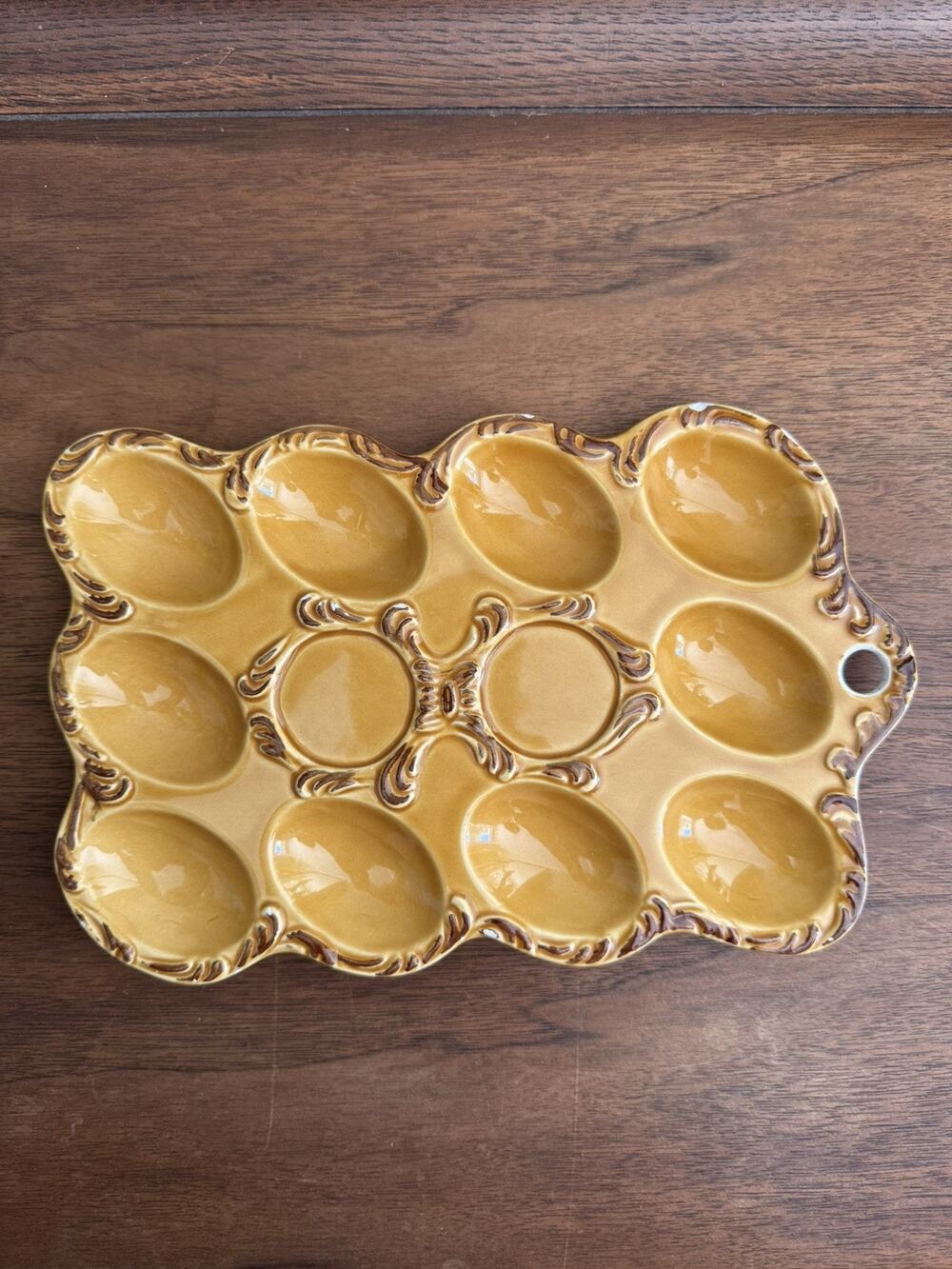 Vintage MCM Ceramic Mustard Yellow Colored Deviled- Egg Plate Japan.